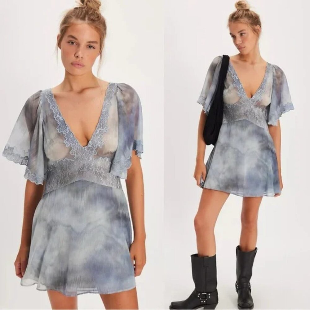 Free People Chance On Me Mini Dress Deep Ocean Blue Flowy Bohemian Beachy Fairy